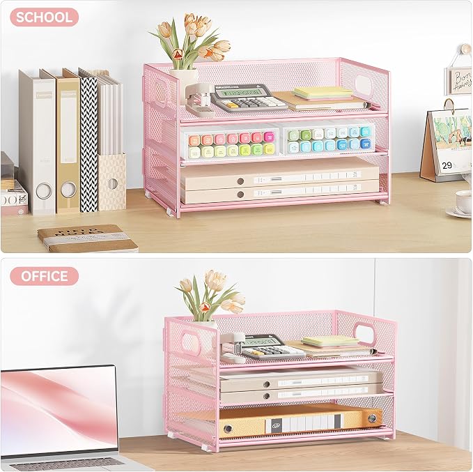 Subekyu 3 Tier Paper Letter Tray Organizer for Desk, Pink Metal Mesh File Folder Sorter Organizer with Handle and 1 PC Sliding Tray for Home Office School Desk Supplies Organization Storage - Image 7