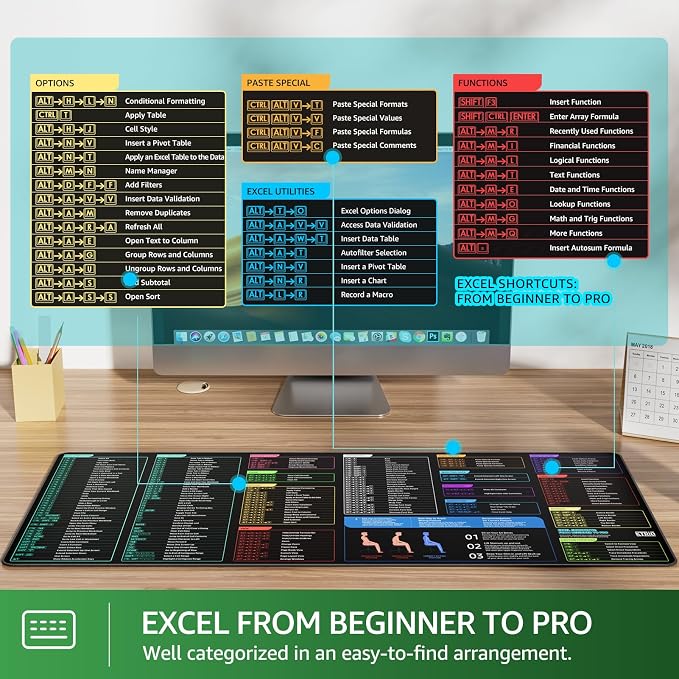 KTRIO Excel Shortcuts Mousepad, Desk Mat, 31.5 x 11.8 in, XL | Smooth Micro-Weave Surface, Shortcut Reference, Non-Slip Rubber Base, Durable Stitched Edges, Office & Home Use - Image 3