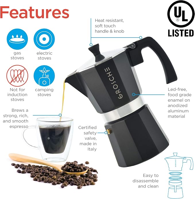 GROSCHE Milano Stovetop Espresso Maker Moka Pot 3 espresso Cup - 5 oz, Black - Cuban Coffee Maker Stove top coffee maker Moka Italian espresso greca coffee maker brewer percolator | Cuban Coffee Maker And Italian Moka Pot For Stovetop Espresso; For Gas... - Image 3