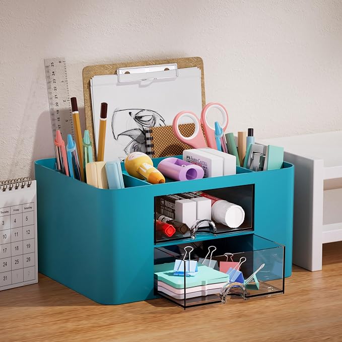 Marbrasse Pen Organizer with 2 Drawer, Multi-Functional Pencil Holder for Desk, Desk Organizers and Accessories with 5 Compartments + Drawer for Office Art Supplies (Dark Green) - Image 3