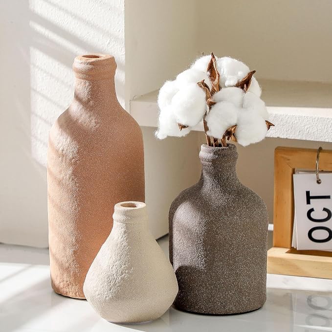 Ceramic Vase Set of 3, Vases Home Decor, Decorative Vases for Table, Boho Flower Vase Modern Neutral Vases for Room Decor, Table, Mantel,Entryway Living Room Kitchen Bedroom Bathroom - Brown - Image 4