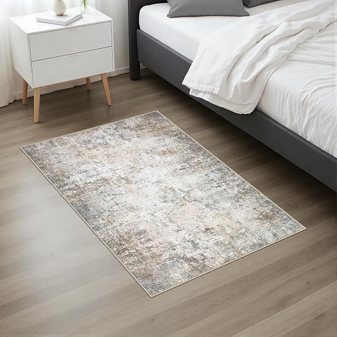 Washable Area Rug 2x3 Entryway Rug: Washable Modern Abstract Soft Thin Rug Indoor Floor No Slip Stain Resistant Carpet for Bedroom Dining Room Farmhouse Nursery Home Office - Brown Grey - Image 3
