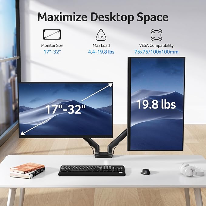 Acer Dual Monitor Arm, Computer Desk Arm with VESA Mounts for 17–32″ Screens, Fully Adjustable Gas Spring Monitor Stand, C-Clamp and Grommet Mounting Base, Fits 4.4 to 19.8lbs Computer Monitors - Image 2