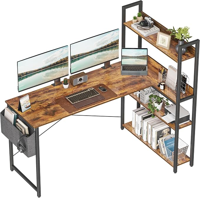 Treesland 55 Inch Computer Desk with Storage Shelves, L Shaped Desk with Storage, Corner Desk with Shelves, Home Office Desks, Bookshelf Desk, Writing Study Desk for Bedroom, Brown by Treesland