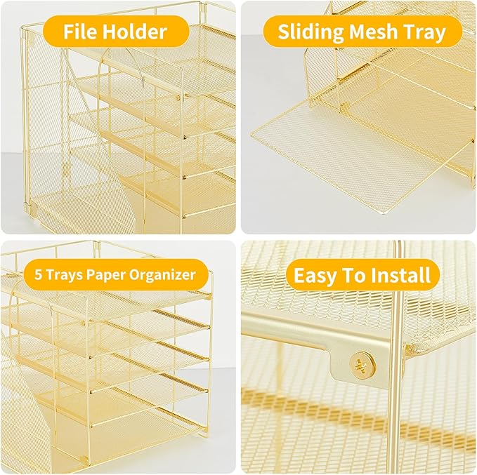 LEKETREE Desk Organizers and Accessories, 5-Tier Paper Letter Tray Organizer with File Holder, Desktop Organizer for Office Supplies (Gold) - Image 3