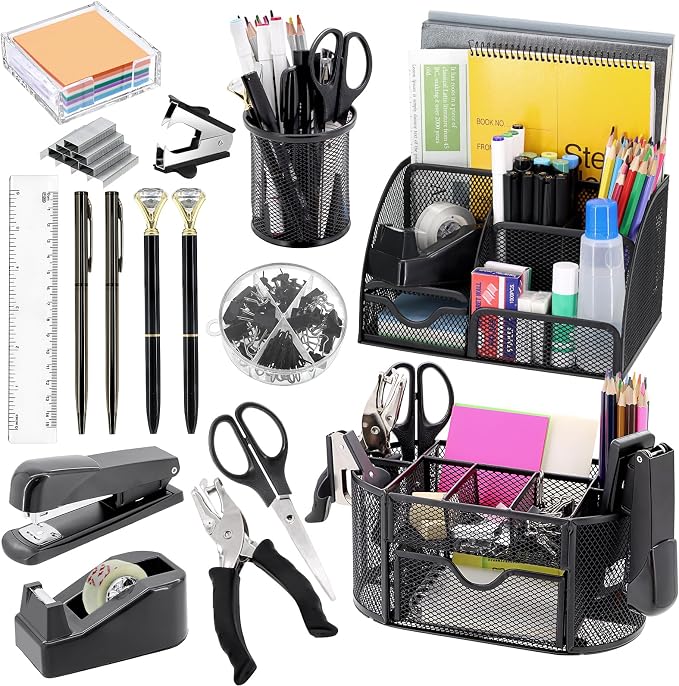 17 in 1 Black Desk Organizers and Accessories Set, 3 Office Desk Supplies Storage Organization, 4 Pens, Stapler, Staples & Remover, Tape & Dispenser, Scissors, Ruler, Clips, Hole Punch, Back to School by Froidesente
