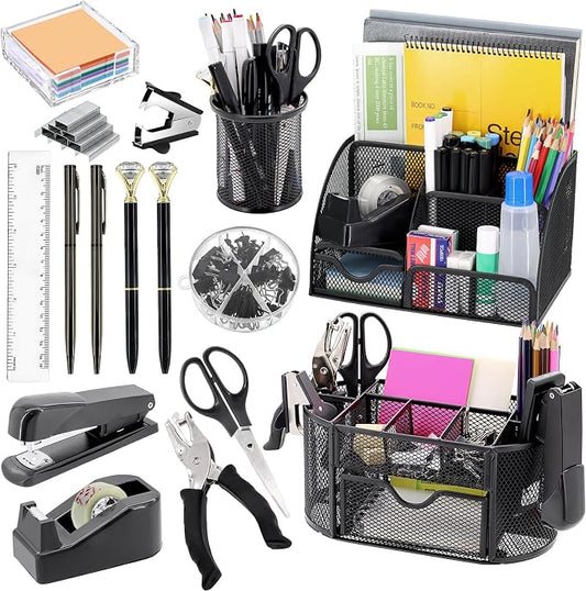 17 in 1 Black Desk Organizers and Accessories Set, 3 Office Desk Supplies Storage Organization, 4 Pens, Stapler, Staples & Remover, Tape & Dispenser, Scissors, Ruler, Clips, Hole Punch, Back to School by Froidesente