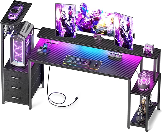 Korfile 63 Inch Gaming Desk with Bluetooth LED Lights & Power Outlets,Computer Desk with Fabric Drawers & Hooks,Reversible Gamer Table with Monitor Stand for Game Room,Home Office,Carbon Fiber Black | Reversible，Computer Desk, Gamer Table, Bluetooth LE... by Korfile