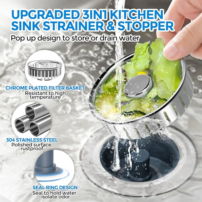 zaa 3 in 1 Kitchen Sink Drain Strainer Stopper Removable Basket Pop-Up | Kitchen Sink Accessories 1 Pack Brushed Silver Stainless - Food Catcher, Odor-Blocking Seal, Fits 3.5" Drain - Image 2