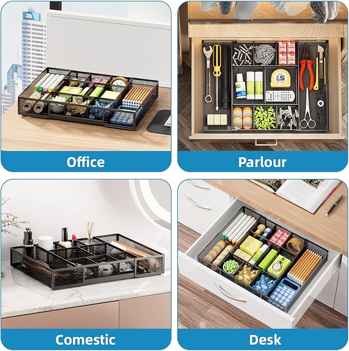 Marbrasse Expandable Desk Drawer Organizer, Mesh Drawer Organizer Tray with 10 Adjustable Compartments, Desk Organizers and Accessories, 5 Dividers Drawer for Office Supplies, Makeup & Vanity (Black) - Image 4