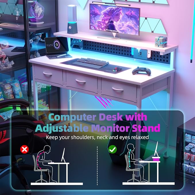 MUTUN Computer Desk with Drawers, 40 Inch Computer Desk with Power Outlet & LED Light, Gaming Desk with Adjustable Monitor Stand & Pegboard, Modern PC Study Writing Table for Bedroom, White - Image 4