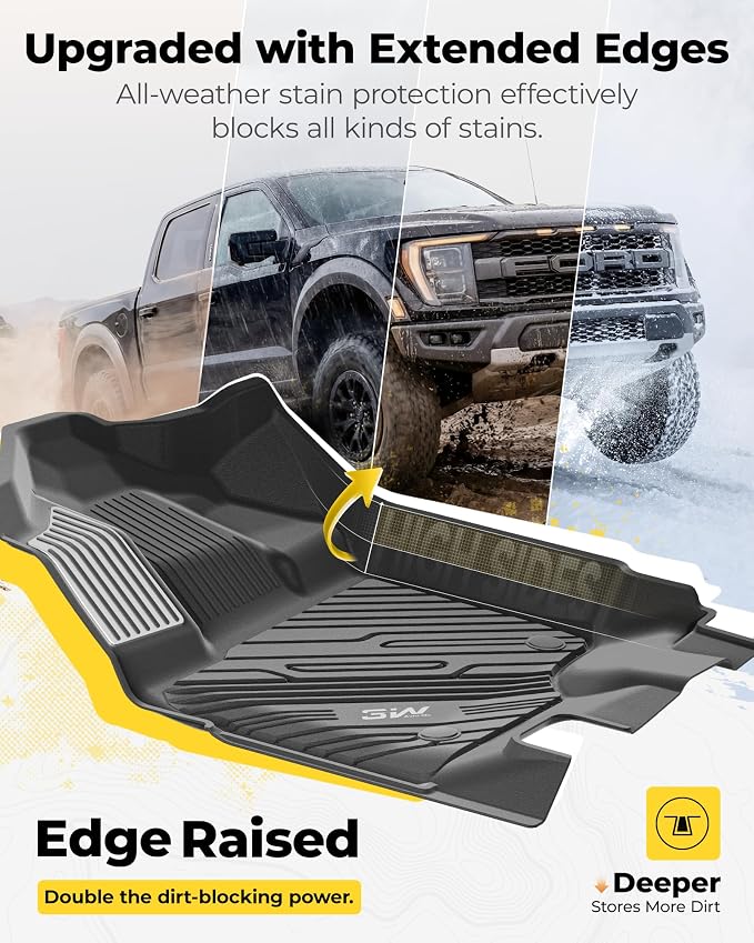 3W Floor Mats (with Metal Pedals) for Ford F-150 2015-2026 & F150 Lightning 2022-2025 SuperCrew (w/o Fold Flat Storage), TPE All Weather Custom Fit, Front & Rear 3PCS | Heavy Duty, Easy Clean - Black - Image 5