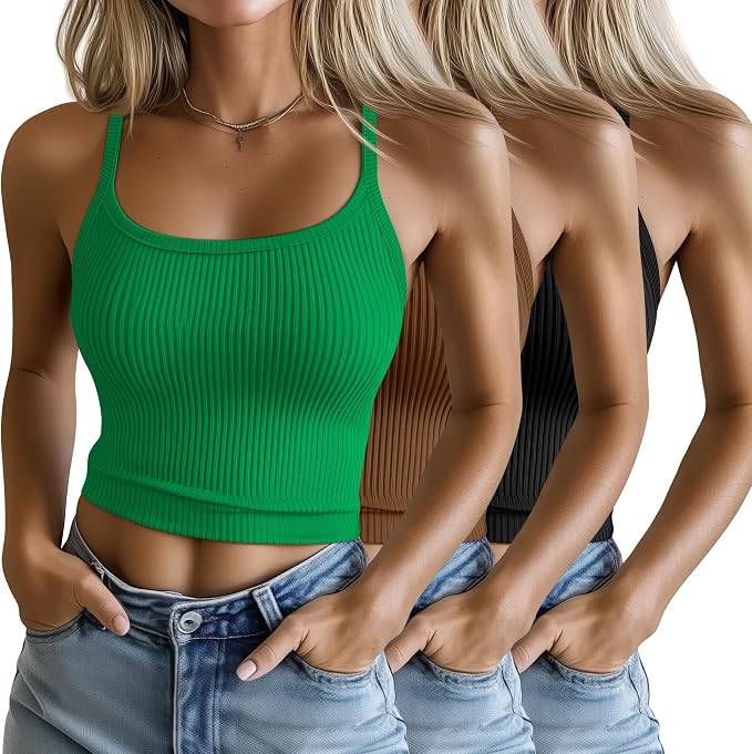 Ficerd 3 Pack Women's Tank Tops 95% Cotton Spaghetti Strap Ribbed Crop Camisole Slim Fitted Basic Summer Sleeveless Layer by Ficerd