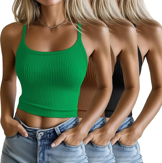 Ficerd 3 Pack Women's Tank Tops 95% Cotton Spaghetti Strap Ribbed Crop Camisole Slim Fitted Basic Summer Sleeveless Layer by Ficerd