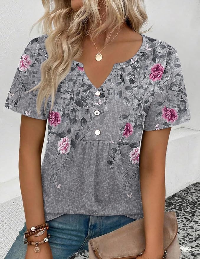 Zeagoo Womens Short Sleeve Tops Summer Henley V-Neck Tshirts Casual Pleated Blouse Dressy Loose Floral Basic Tee - Image 3