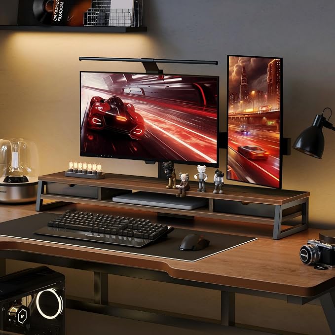 Fenge Dual Monitor Stand, Monitor Riser with Drawer, 42.5 Inch Large Computer Monitor Stand for 2 Monitors, 2 Tier Wooden Desk Shelf for Top of Desk - Image 8