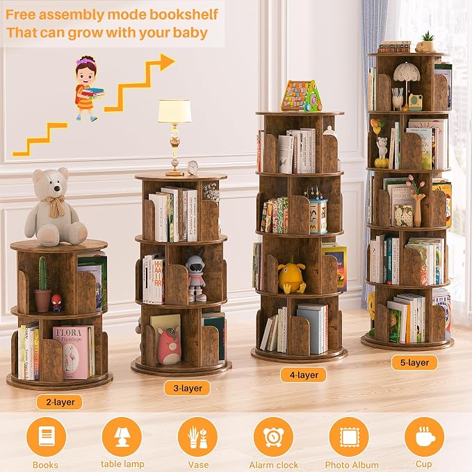 Aheaplus Rotating Bookshelf, 360 Display Wood Spinning Bookshelf Tower, 5 Tier Floor Standing Bookcase Storage Rack, Revolving Bookcase Corner Bookshelfs for Small Space, Study, Bed Room, Rustic Brown - Image 6