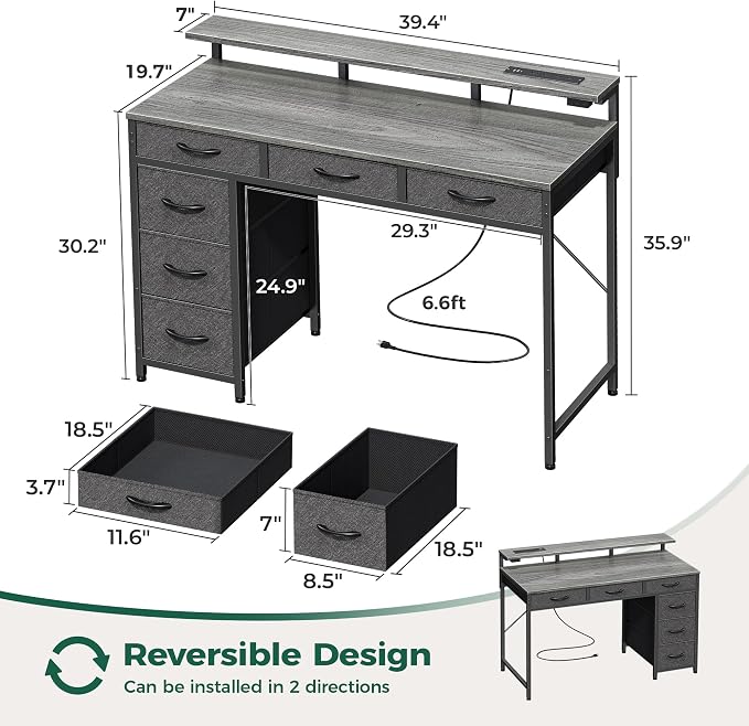 Huuger Gaming Desk with 6 Drawers, Computer Desk with LED Lights Power Outlets and Type-C, 39 Inch Office Desk with Storage, Monitor Stand, Writing & Work Desk for Home Office, Bedroom, Grey - Image 3