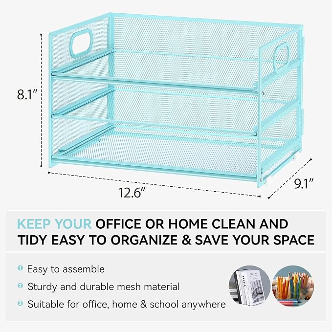 Subekyu 3 Tier Paper Desk Organizer with Handle and 1 PC Slideable Letter Tray, A4 Paper File Folder Sorter Metal Mesh Organizer for Home Office School Desk Supplies Organization Storage, Blue - Image 2