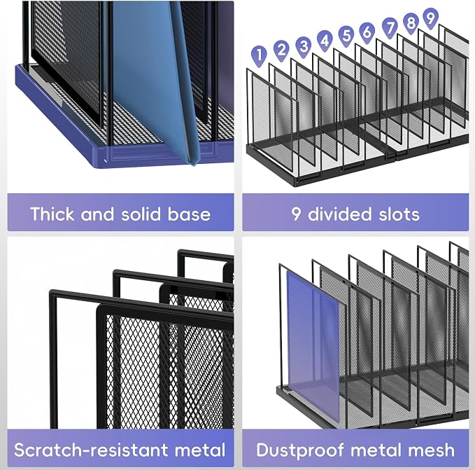 9-Section Desk File Organizer, Vertical File Holder, Mesh Desktop File Folder Metal File Organizer Stand for Office Home Classroom, Black, 2 Pack - Image 5