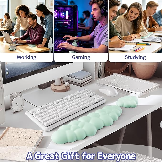 Sushret Cloud Wrist Rest Keyboard, Cloud Keyboard Wrist Pad Set with PU Leather Memory Foam, Cute Arm Rest for Palm Support, PC/Gaming Desk Accessories/Office Setup/Computer Hand Cushion - Light Green - Image 6