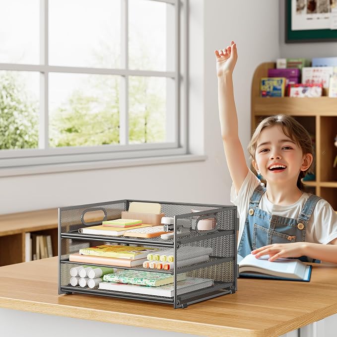 Subekyu 3 Tier Paper Letter Tray Organizer for Desk, Gray Metal Mesh Desk File Folder Sorter Organizer with Handle and Sliding Tray for Home, Office, School Supplies Organization Storage - Image 4