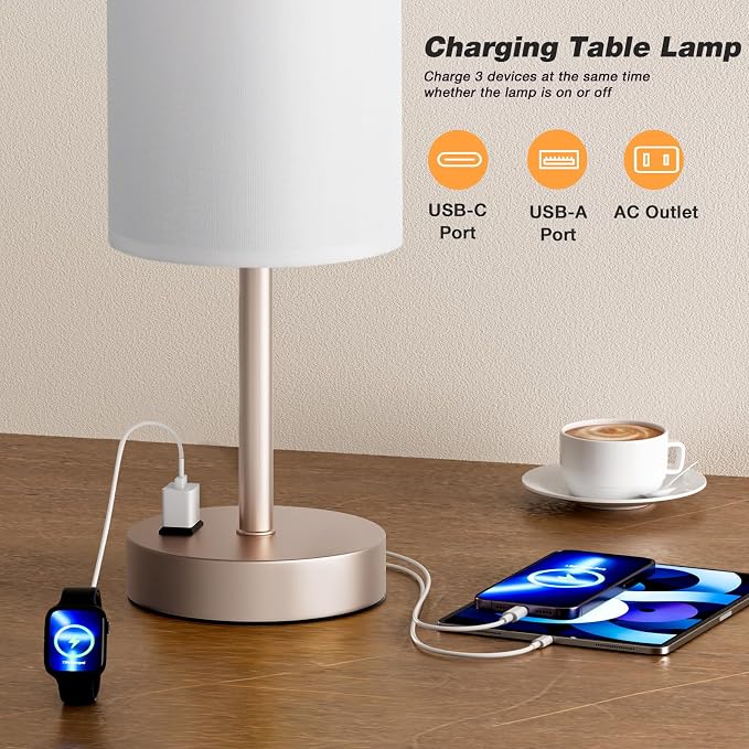 Fenmzee Antique White Bedside Table Lamp for Bedroom - 3 Way Dimmable Touch Lamp USB C Charging Ports and AC Outlet, Small Lamp Gold Base Round Flaxen Fabric Shade for Living Room, Desk - Image 4