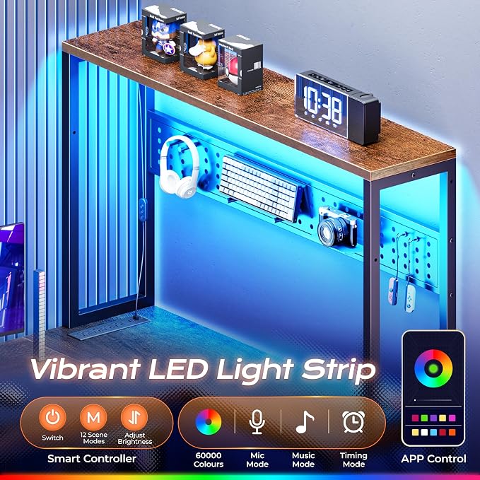 PRAISUN L Shaped Gaming Desk with LED Lights & Power Outlets, Reversible Computer Desk with Storage Shelves & Bag, Large Corner Home Office Desk with Pegboard for Work from Home, Rustic Brown - Image 4