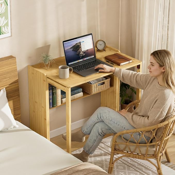Bamboo Folding Desk for Small Spaces, Small Computer Foldable Desk, Natural | Space Saving Desk for Bedroom Home Office, Mid Century Sofa Table for Couch, Writing Work Office Desk - Image 6