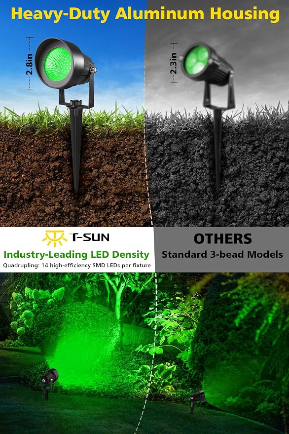 T-SUN Green Spotlight Outdoor, Waterproof LED Landscape Lighting with US Plug, Easy Install 270° Adjustable Outdoor Spot Lights for Garden Tree Yard Decor, 2 Pack - Image 6