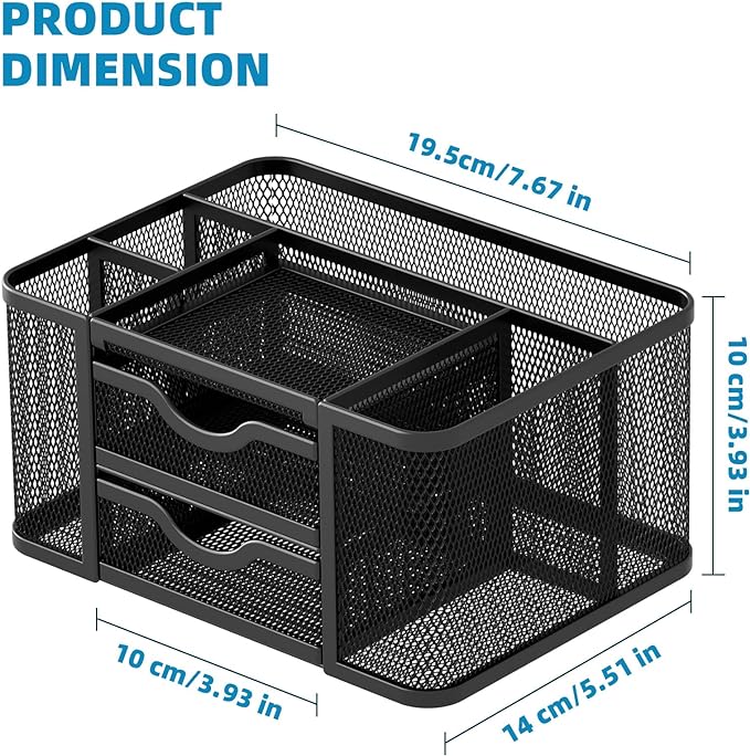 Marbrasse Mesh Desk Organizer, Pen Organizer with 2 Drawer, Multi-Functional Pencil Holder, Desk Organizers and Accessories with 5 Compartments + Drawer for Office Art Supplies (Black) - Image 4