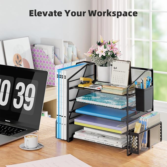 Simple Trending 5-Tier Desk File Organizer, Paper Organizer, Black | Adjustable Letter Trays, Pen Holder & File Shelf, Durable Steel Mesh, Space Saving, for Home Office, 17.5"L x 9"W x 13"H - Image 2
