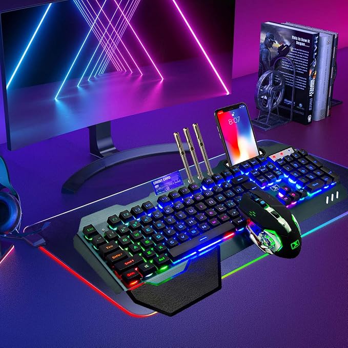 Wireless Gaming Keyboard and Mouse,Rainbow Backlit Rechargeable Keyboard Mouse with 3800mAh Battery Metal Panel,Removable Hand Rest Mechanical Feel Keyboard and 7 Color Gaming Mute Mice for PC Gamers - Image 7