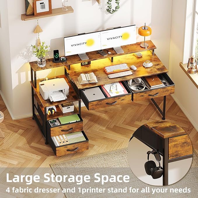 53" Computer Desk with 4 Drawers & Power Outlets, Reversible Home Office Desk with Monitor Stand & Printer Stand, Gaming Desks with Led Lights, Study Writing Work Desks Table for Bedroom, Vintage - Image 4