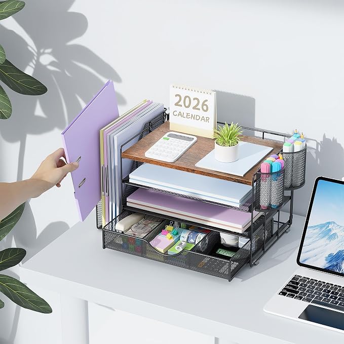 gianotter Desk Organizers and Accessories with File Holder, 4-Tier Desk Accessories & Workspace Organizers with Drawer and 2 Pen Holder, Paper Organizer for Office Supplies (Wood) - Image 6