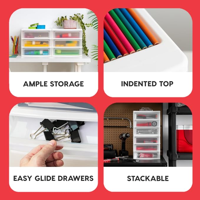 IRIS USA 2-Pack, 3-Drawer Medium Plastic Stacking Desktop Organizer, White | Organize office supplies, stationery, makeup, craft materials and everyday essentials for neat desktop storage - Image 4