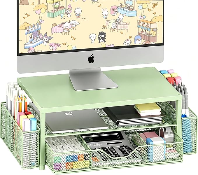 OPNICE Desk Organizers and Accessories, 2-Tier Computer Monitor Stand Riser with Drawer and 2 Pen Holders, Laptop Stand, Office Desk Accessories for Office Supplies, Green by OPNICE