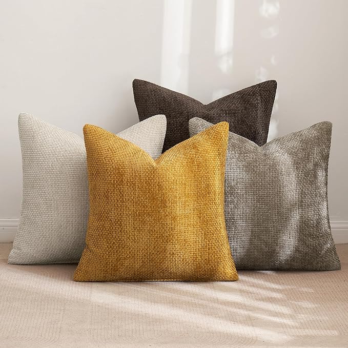 MIULEE Pack of 4 Couch Throw Pillow Covers 16x16 Inch Neutral Gold/Brown Soft Decorative Chenille Pillow Covers Farmhouse Accent Cushion Covers for Boho Fall Home Decor Sofa Bedroom Living Room - Image 3