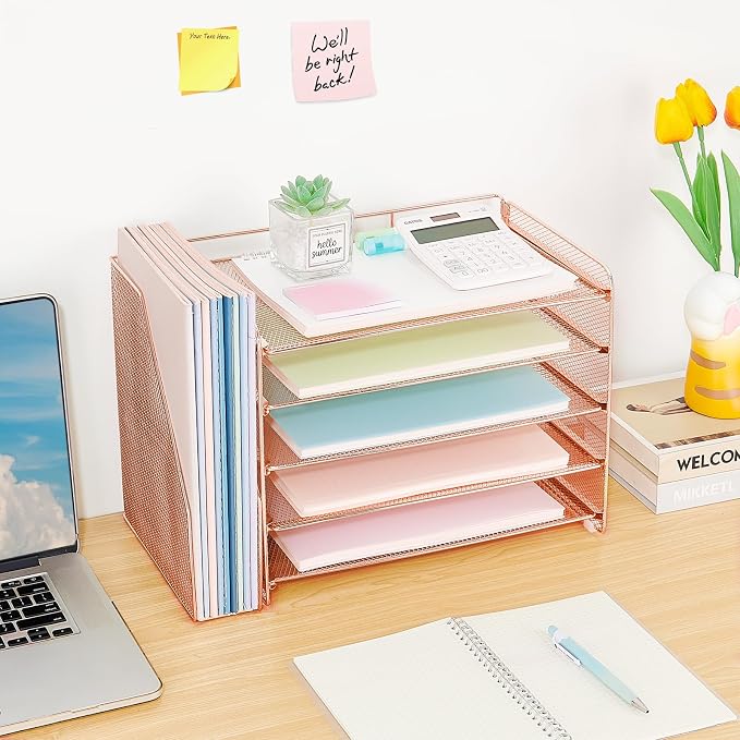 OPNICE Desk Organizer, 5-Tier Paper Organizer Letter Tray with Magazine Holder, Office Desk Accessories & Workspace Organizers, Desktop File Organizer for Office Supplies Storage, Rose Gold - Image 3