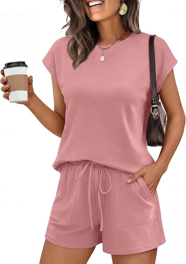 ANRABESS Womens Waffle Knit 2 Piece Short Sets Cap Sleeve Summer 2026 Matching Lounge Outfits Travel Beach Vacation Sweatsuit by ANRABESS