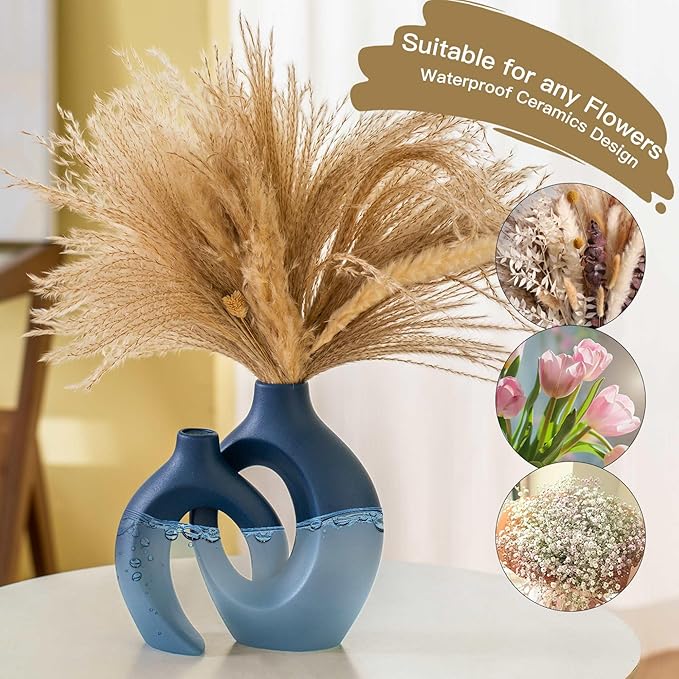 Lvases Snuggle Hollow Ceramic Flower Vase, Minimalist Decorative Vases of 2 | 8.4" Nordic Boho Home Decor Vase for Modern Aesthetic Ins Style Living Room Coffee Table Centerpieces Pampas Grass Decoration - Image 3