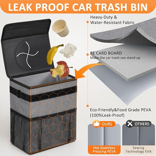 Vankor Car Trash Can Trash Bag Bin Hanging Waterproof Automotive Car Garbage Cans Leak Proof Vehicle Trash Can Grey - Image 3