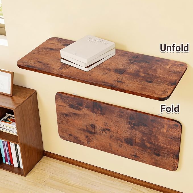 Neoaider Wall Mounted Folding Desk 35.4” x 15.7”, Brown | Drop Down Table with Metal Collapsible Brackets, Folding Wall Table for Small Spaces, Home, Office, Kitchen, Laundry Room - Image 6