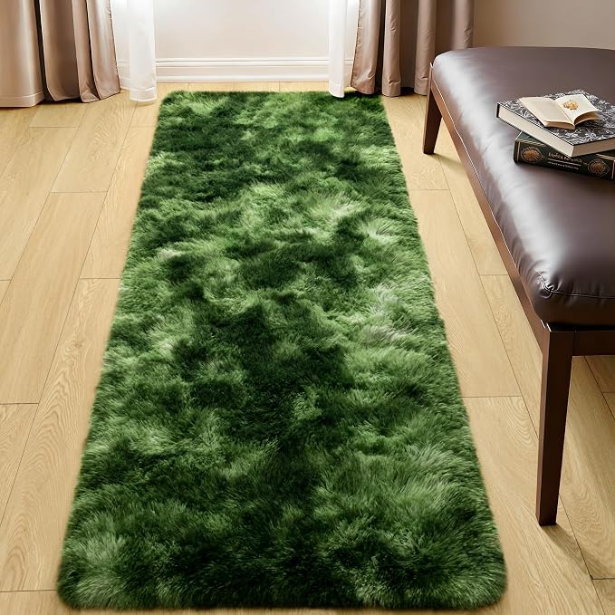 Tepook Soft Runner Rugs for Bedroom 2x6 with Rubber Backing, Tie-Dyed Dark Green Fluffy Rugs for Hallway, Shag Bedside Rug Fuzzy Plush Carpet for Living Room Dorm Nursery Indoor Home Decor - Image 6