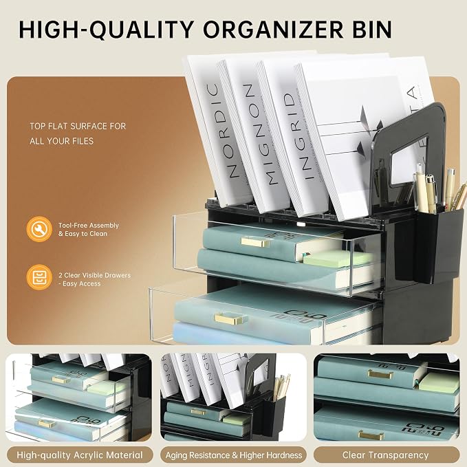 CiWiVOKi Desk Organizer with 4 File Slots and 2 Drawers, Black | File organizer with dual pen holders and storage compartments for mail, documents and office supplies - Image 3