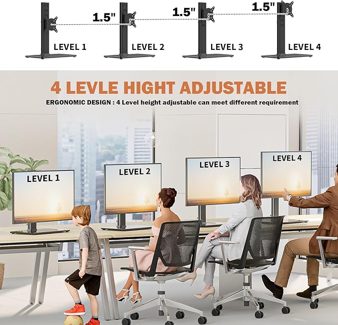 Single LCD Computer Monitor Free-Standing Desk Stand Mount Riser for 13 inch to 32 inch screen with Swivel, Height Adjustable, Rotation, Vesa Base Stand Holds One (1) Screen up to 77Lbs(HT05B-001)) - Image 4