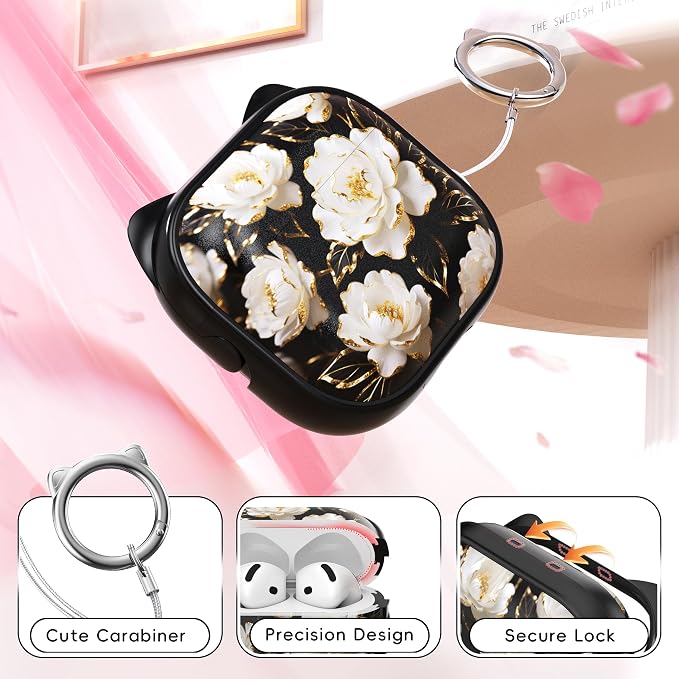 for AirPods 4 Case with Cleaning Kit, Cute Cat Ear Print Design & Cute Buckle, Inverted Phone Holder Design, Top Safe Lock Buckle Design, for Girls AirPods 4 case 2024, Black Peony - Image 5