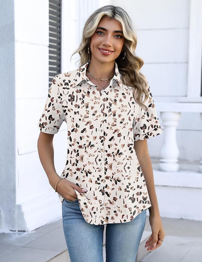 Zeagoo Button Down Shirts for Women Short Sleeve Collared Tops Dressy Casual V Neck Blouses - Image 5