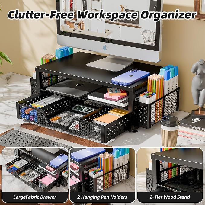 Simple Trending 2-Tier Monitor Stand Riser, Drawer & 2 Pen Holders, Black | Sturdy Material, Anti‑Slip Pads, Ergonomic Support, Space Saving, Easy Setup - Image 4