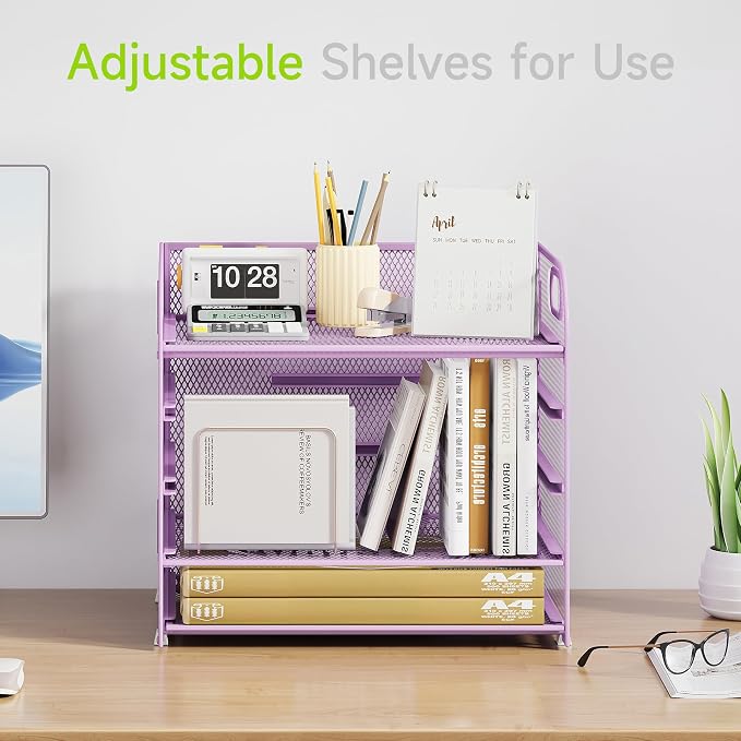 Cawukege 5 Tier Paper Organizer with Handle, Metal Mesh Desk Organizer File Folder Paper Letter Tray Desktop Document Sorter for Classroom, School, Office Accessories Organization and Storage - Purple - Image 2